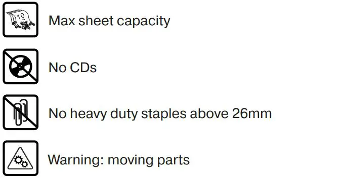 ReXel Secure X8 Cross Cut Paper Shredder Instruction Manual - Warning symbols