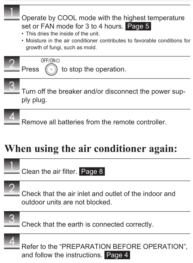 Mitsubishi Spilt-Type Air Conditioners - WHEN THE AIR CONDITIONER IS NOT GOING TO BE USED FOR A LONG TIME