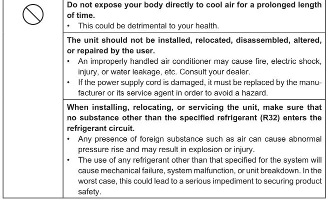 Mitsubishi Spilt-Type Air Conditioners - Warnings 2