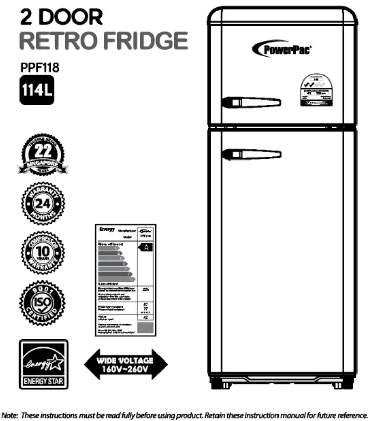 PowerPac PPF118 114L 2 Door Retro Fridge Mini Fridge