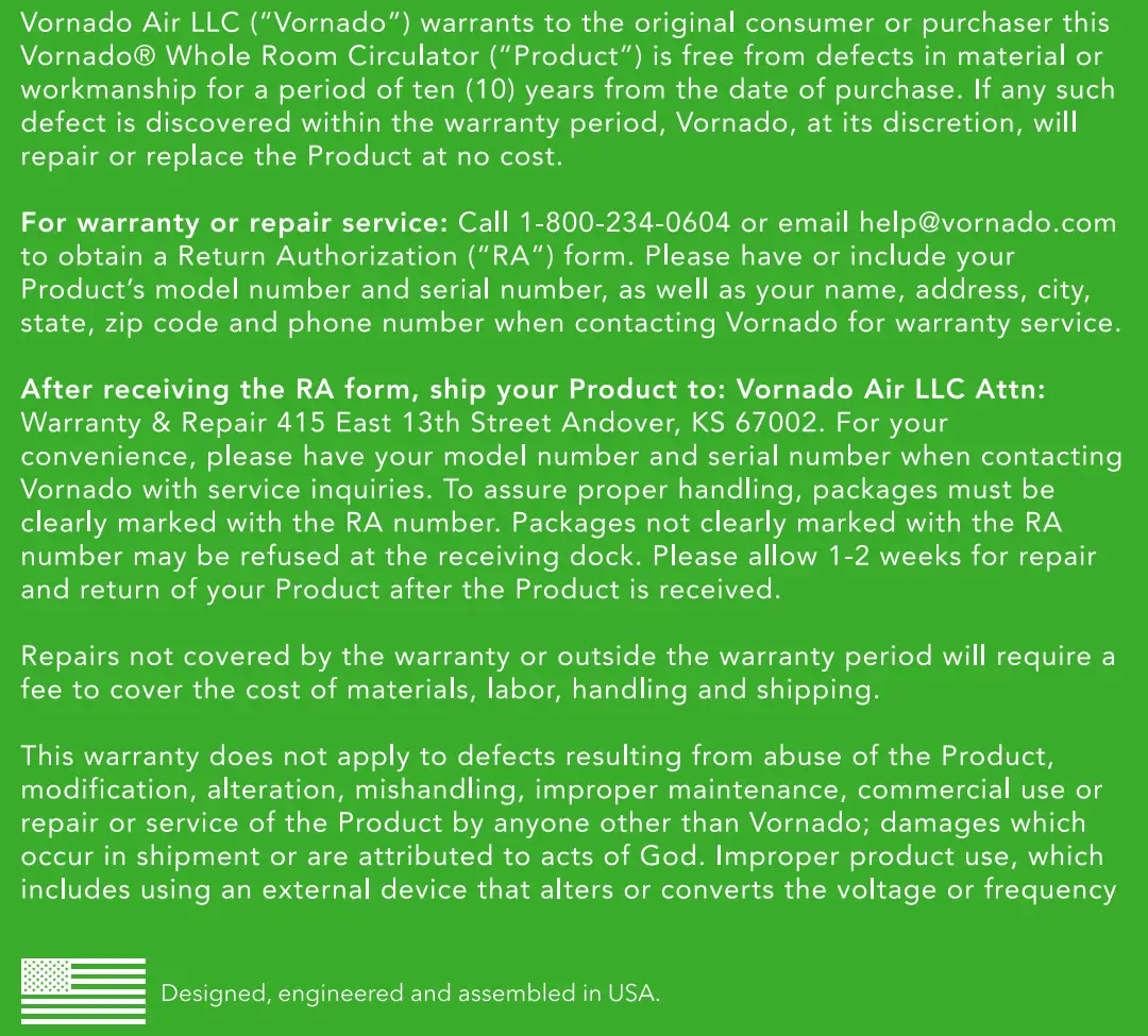 VORNADO 733DC Energy Smart Large Air Circulator User Guide - Our Warranty