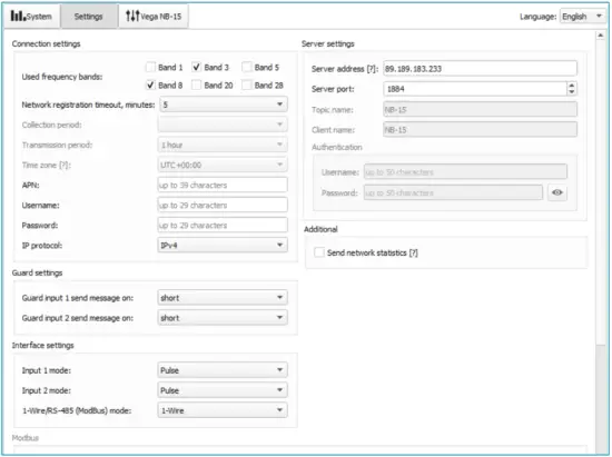 VEGA Absolute NB lOT modem Vega - Settings