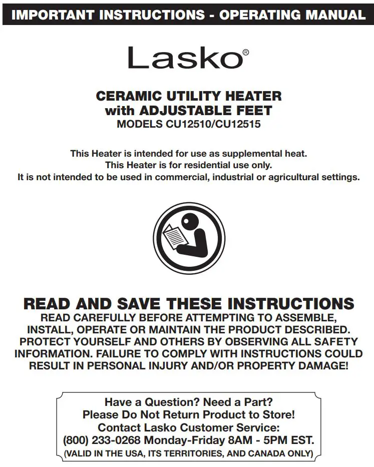 Lasko CU12510 Ceramic Utility Heater with Adjustable Feet User Manual