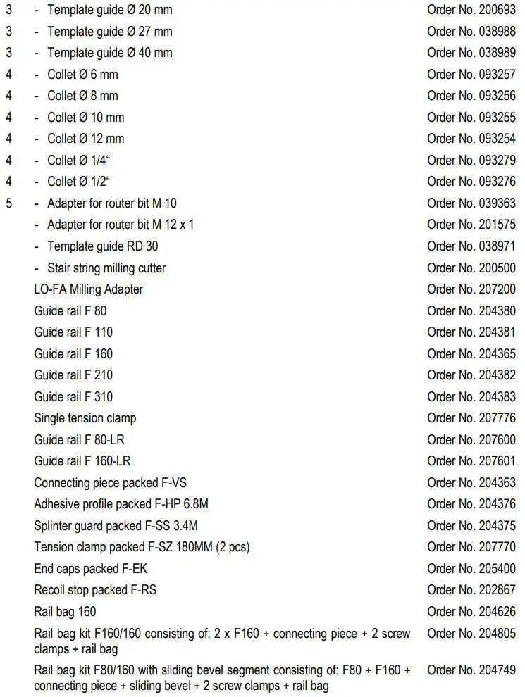 mafell LO65EC Wood Carving Hand Router Instruction Manual - Optional accessories
