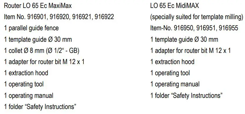 mafell LO65EC Wood Carving Hand Router Instruction Manual - Scope of supply