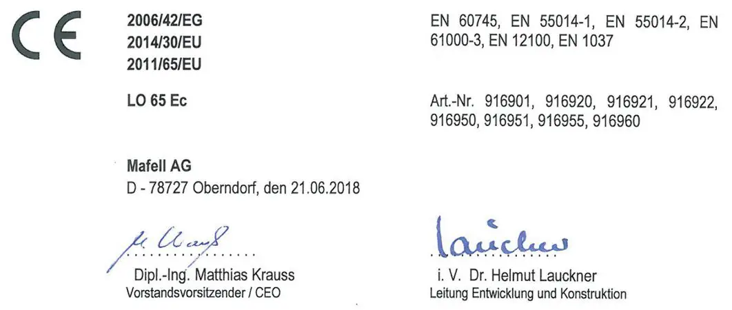 mafell LO65EC Wood Carving Hand Router Instruction Manual - Signature