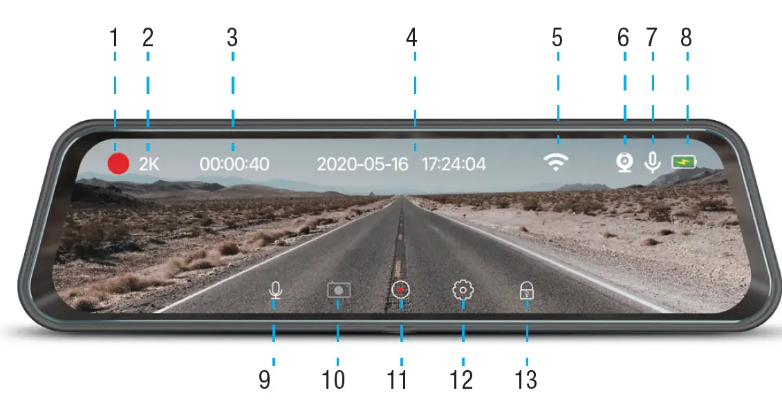 GERMiD -BV-096B-2K -9.66-Inch -2K- HD -Streaming- Media Mirror -Monitor- With- Built-In -Dash -Camera- 3