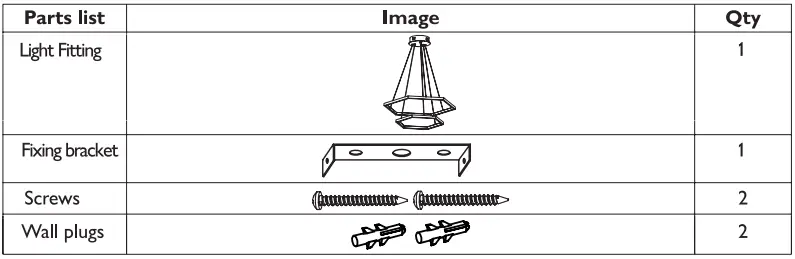 John Lewis LED Hexagonal Pendant Parts list