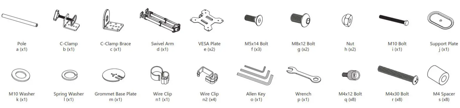 WALI Dual Monitor Desk Mount -parts list
