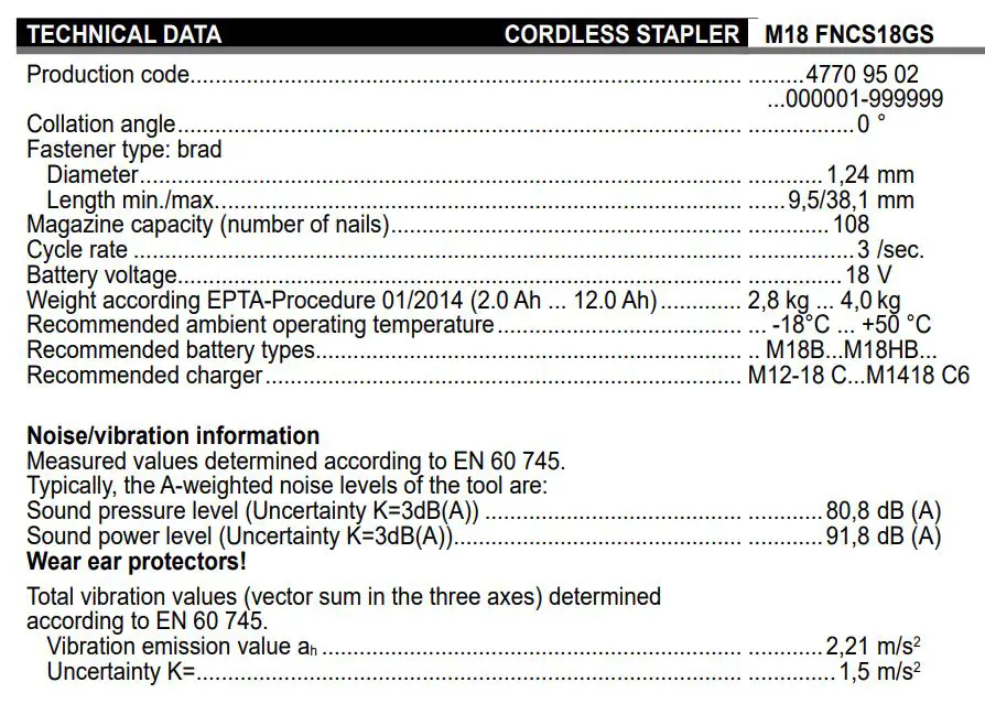 milwaukee M18 FNCS18GS 18V Cordless Nail Gun - TECHNICAL DATA