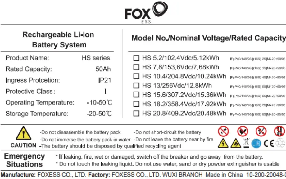 FOX-ESS HV2600 High Voltage Batteries - Warning labels