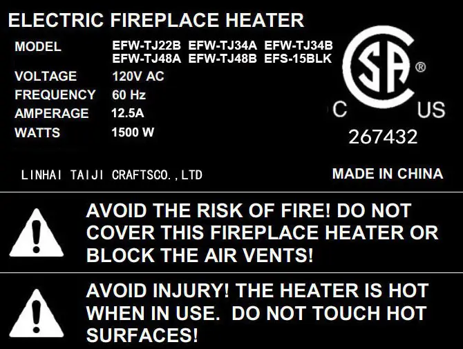 BENSON Flat Panel Electric Fireplace CSA RATING LABEL & POWER CORD LABEL