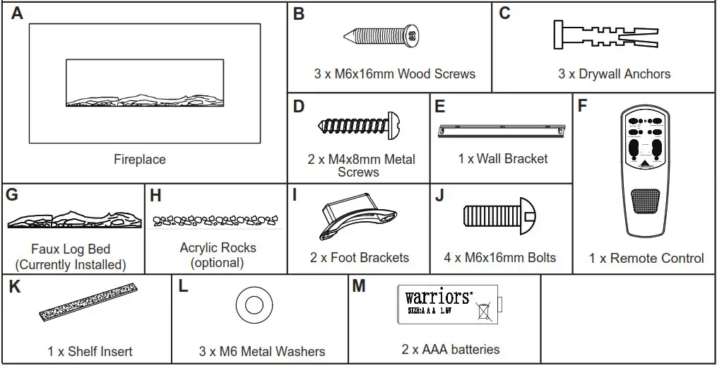 BENSON Flat Panel Electric Fireplace PARTS AND HARDWARE