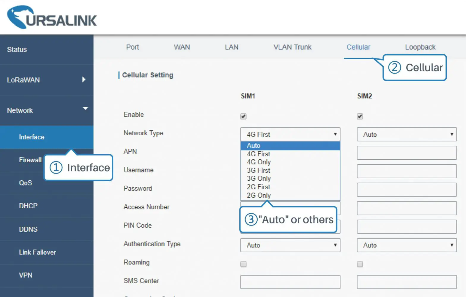 URSALINK LoRaWAN Gateway - Enable SIM1-