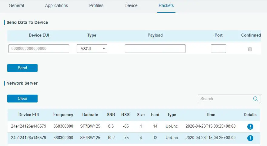 URSALINK LoRaWAN Gateway - Packets page to check the packets from LoRaWAN node device