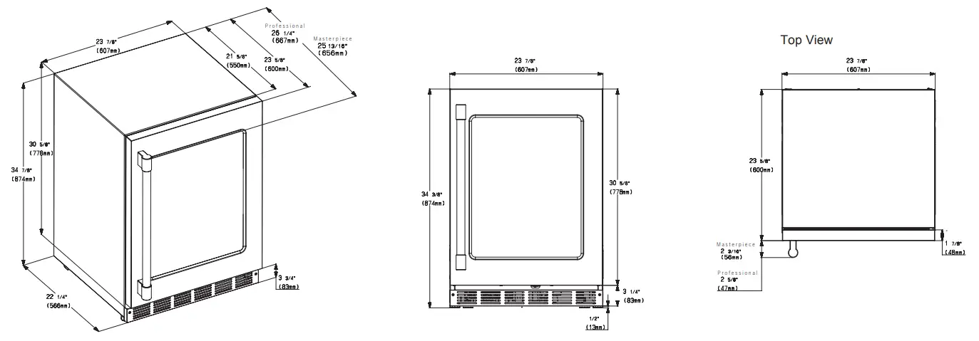 Thermador T24UR925RS Under Counter Glass Door Refrigerator - DIMENSIONS