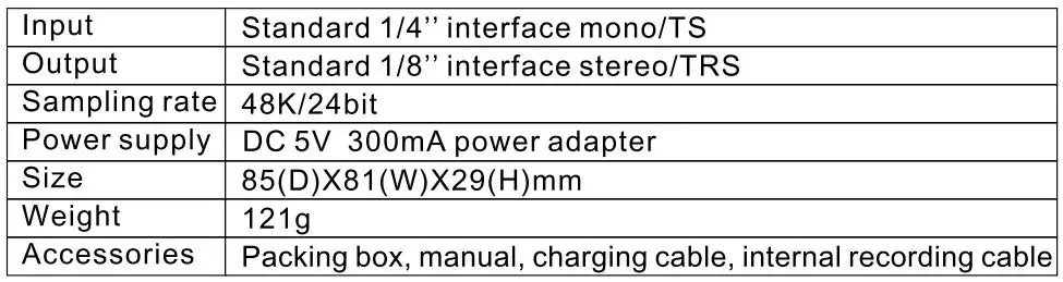 LEKATO PA-1 Multi-Effects Headphone Guitar Amplifier Owner's Manual - Technical parameters
