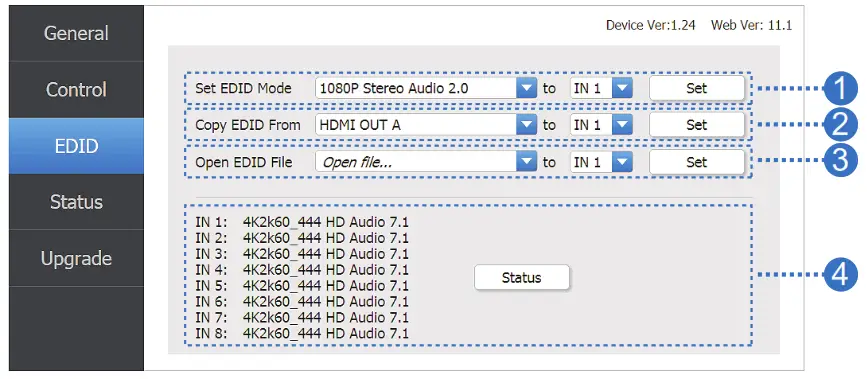 HDBaseT 8×8 Matrix Switcher---EDID page