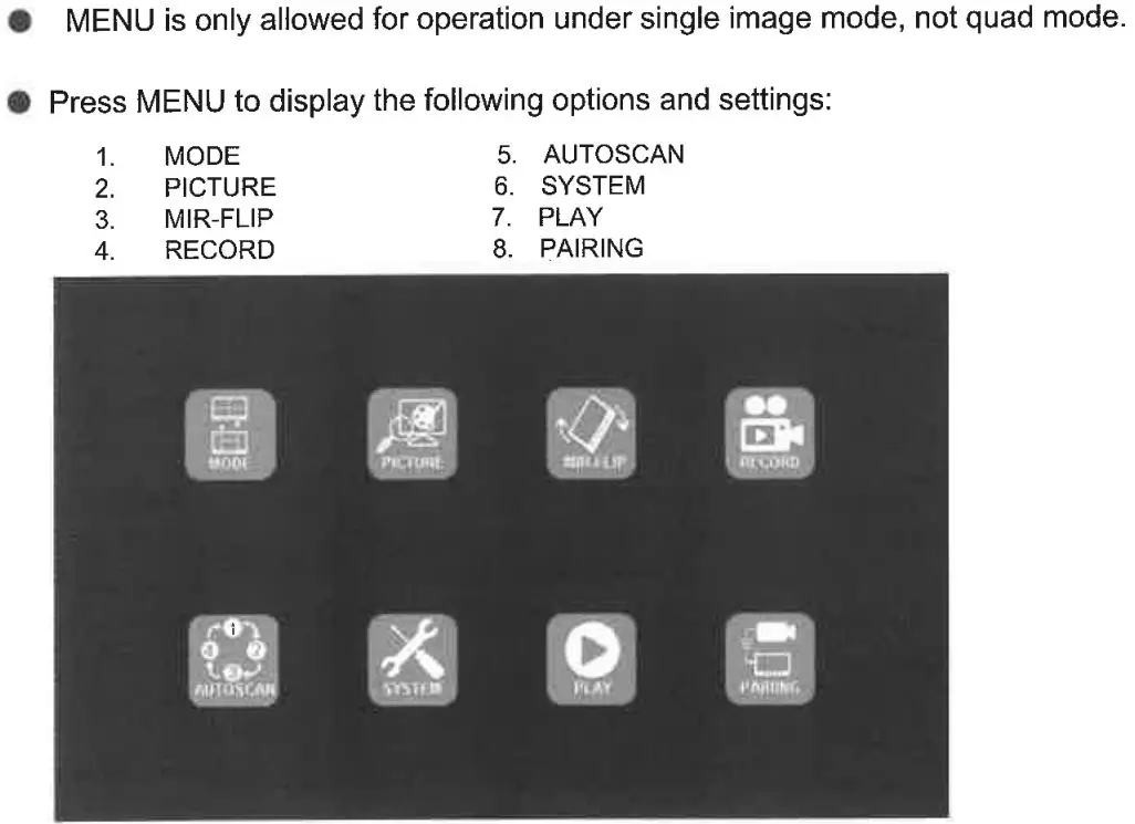 SHARP VISION EMSV1196 2.4G Digital 9-Inch Wireless Color LCD Monitor Instruction Manual - Menu