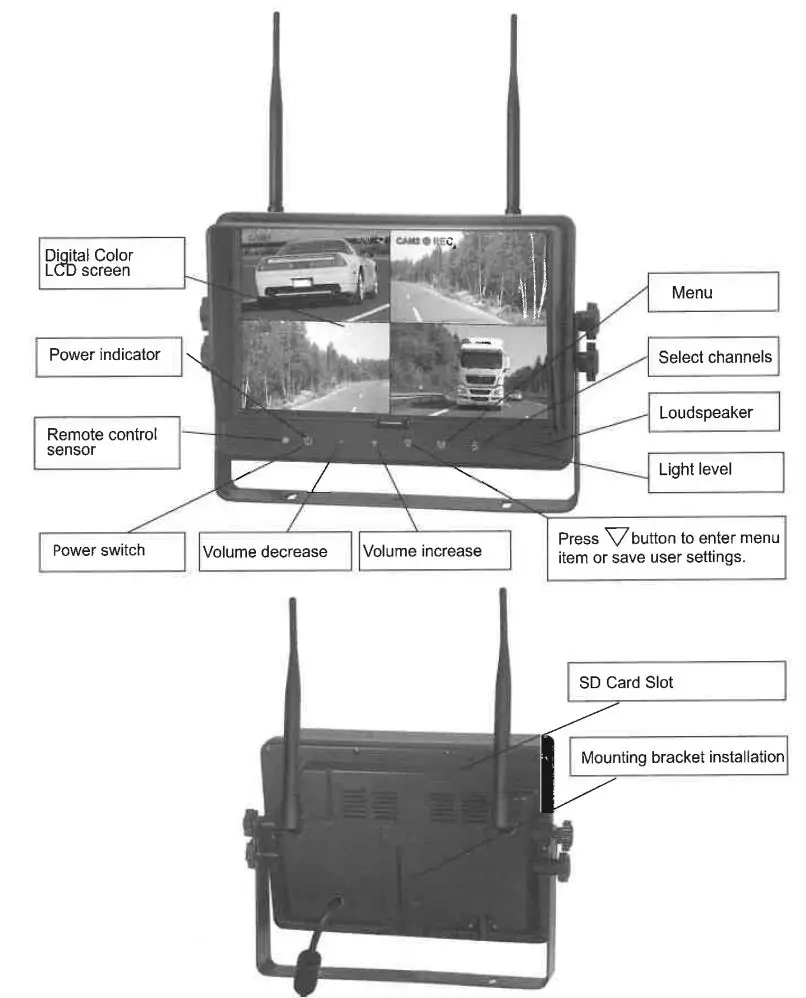 SHARP VISION EMSV1196 2.4G Digital 9-Inch Wireless Color LCD Monitor Instruction Manual - Parts Identifications