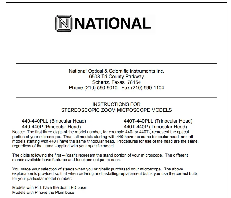 National 440-440pll Stereoscopic Zoom Microscope Instruction Manual