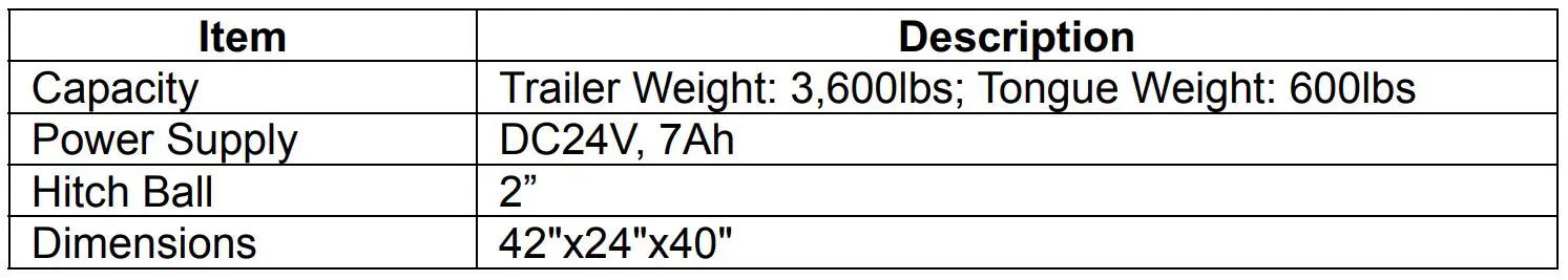 TOW TUFF TMD-35ETD8 Adjustable Electric Trailer Dolly - TECHNICAL SPECIFICATIONS