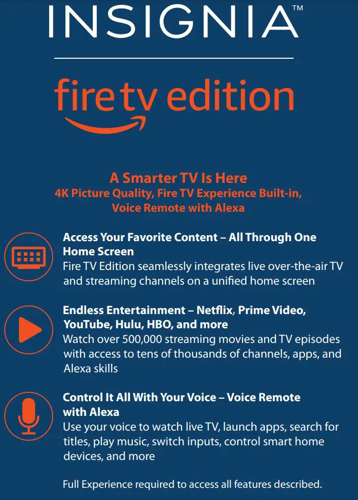 INSIGNIA NS-43DF710NA21 43″ 50″ 55″ 60 Hz LED TV 4K ULTRA HD User Guide - Fire tv edition