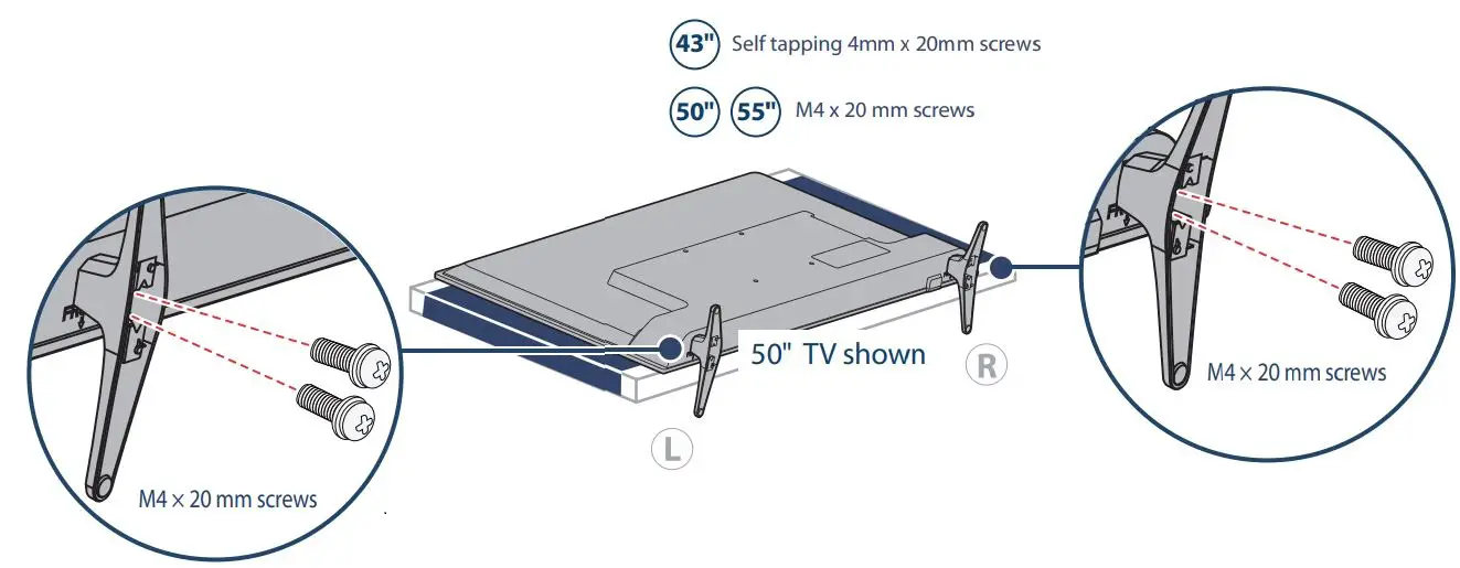 INSIGNIA NS-43DF710NA21 43″ 50″ 55″ 60 Hz LED TV 4K ULTRA HD User Guide - INSTALLING THE STANDS OR A WALL MOUNT