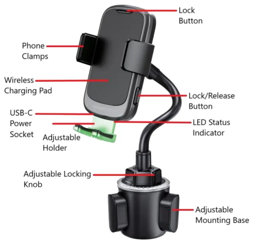 POWERTECH HS 9064 Car Cup Charger with 15W Wireless Charger - Diagram