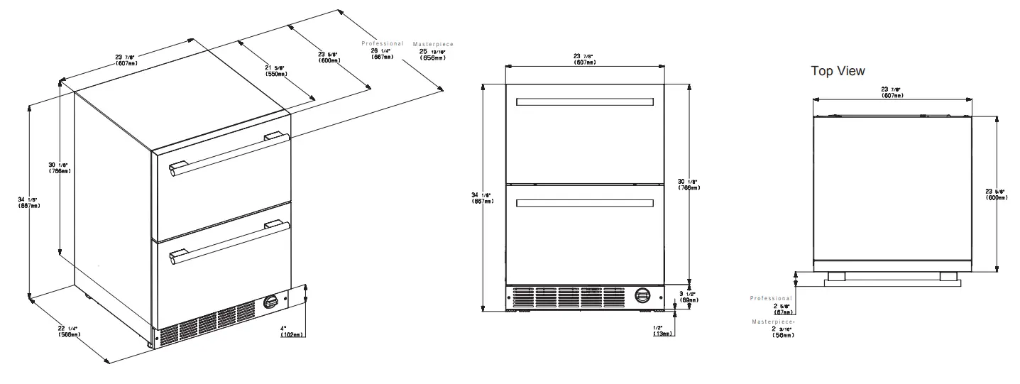 Thermador T24UC905DP Under Counter Double Drawer Refrigerator Freezer - DIMENSIONS
