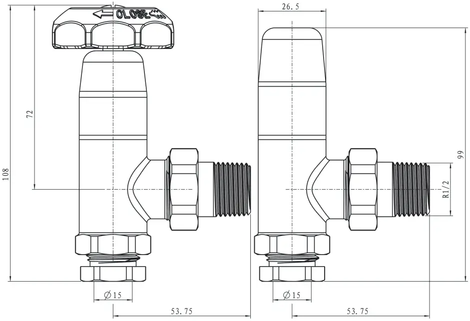 BIW EV BCEV15B Bentley Cast Iron Edwardian 15mm Brass Wheel Head - Dimensions