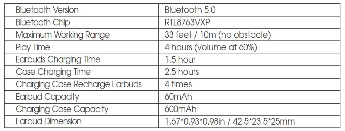Wireless Earbuds Ear Hooks Bluetooth Earphones 5.0 - Specifications