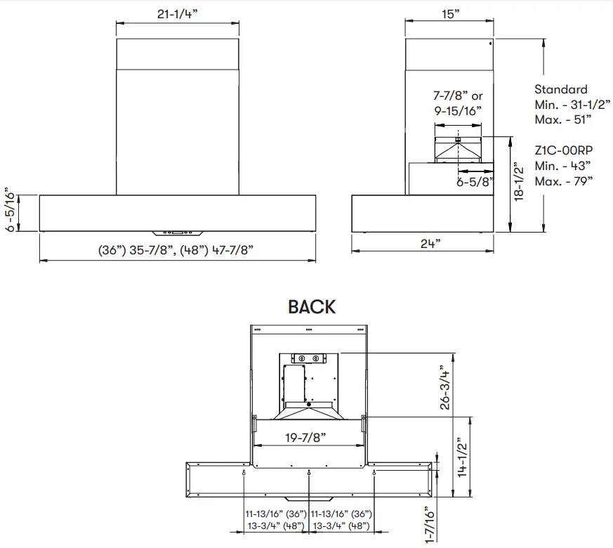 Zephyr ZRP E36BS Roma Pro Wall Mount Range Hood - Hood Specifications