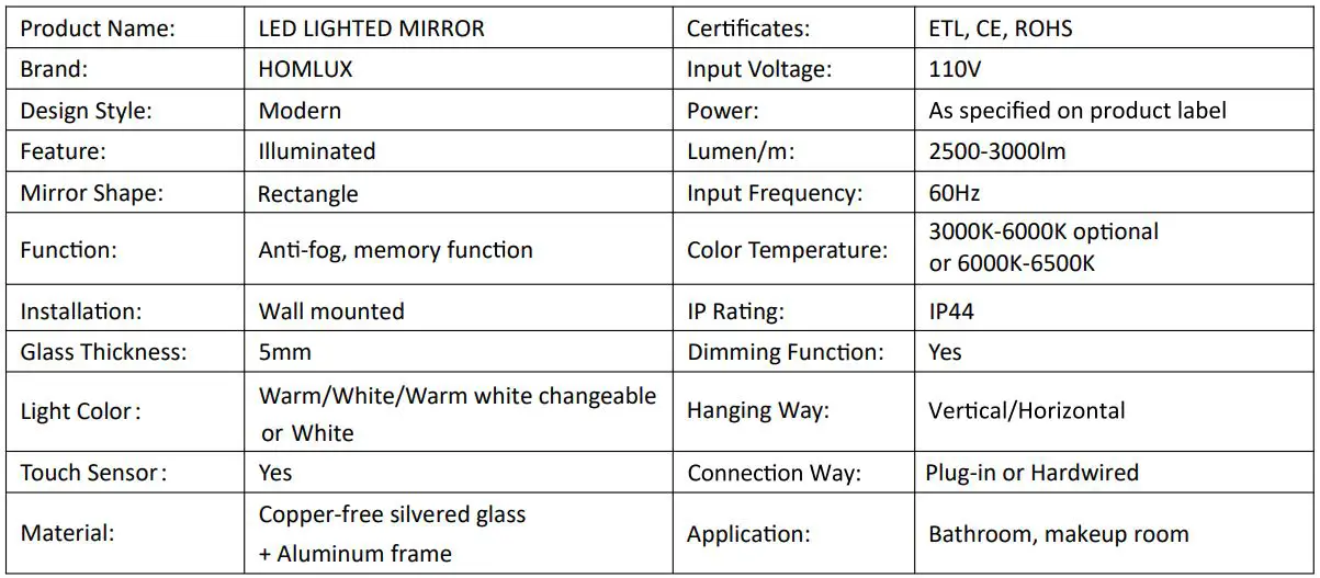 HOMLUX Rectangle LED Bathroom Mirror Instruction Manual - Specification