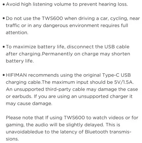 HIFIMan TWS 600 Earbuds - Safety Information