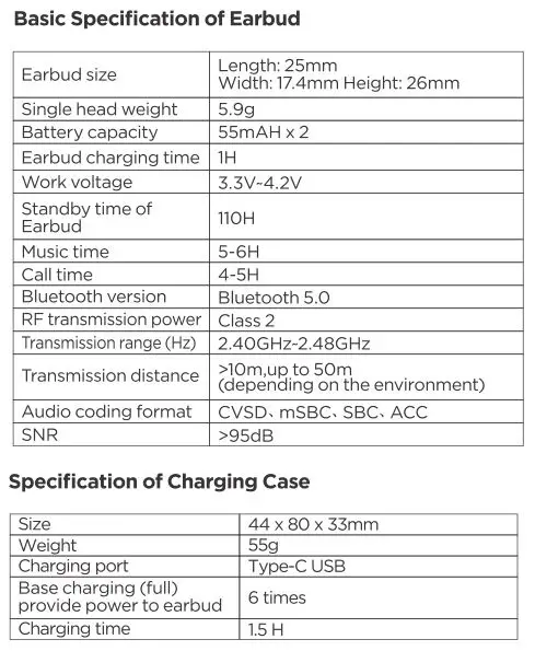 HIFIMan TWS 600 Earbuds - Specifications