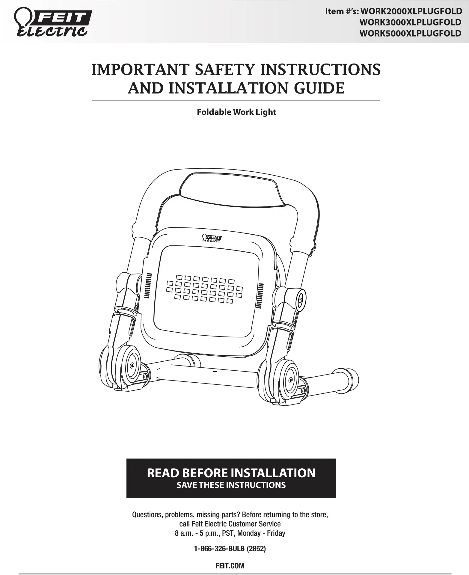 FEIT WORK2000XLPLUGFOLD Foldable Work Light Installation Guide