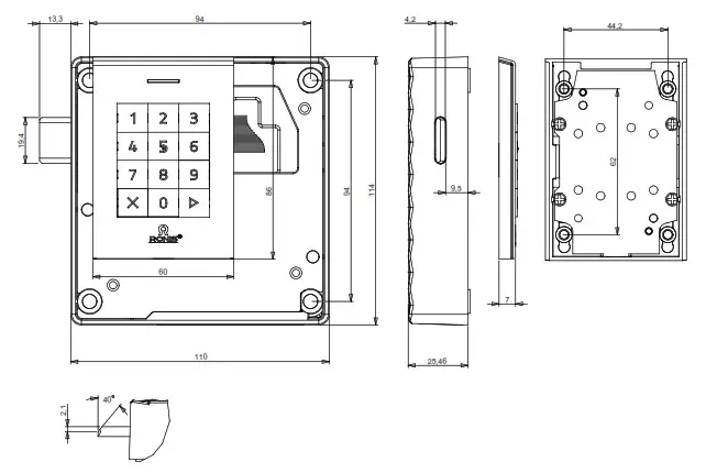 RONIS Tronic Slim Professional Alone Electronic Lock - Measurements