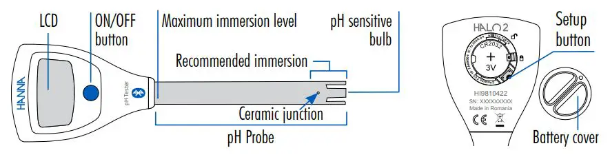 HANNA instruments HI9810422 HALO2 Wireless pH Tester for Field Instruction Manual - Front & Back view