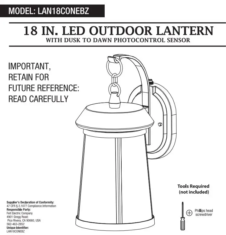 FEIT Electric LAN18COEBZ 18 Inch LED Outdoor Lantern Instruction Manual