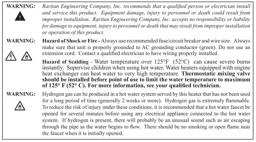 Raritan 1700 Series Electric Water Heaters - Warnings