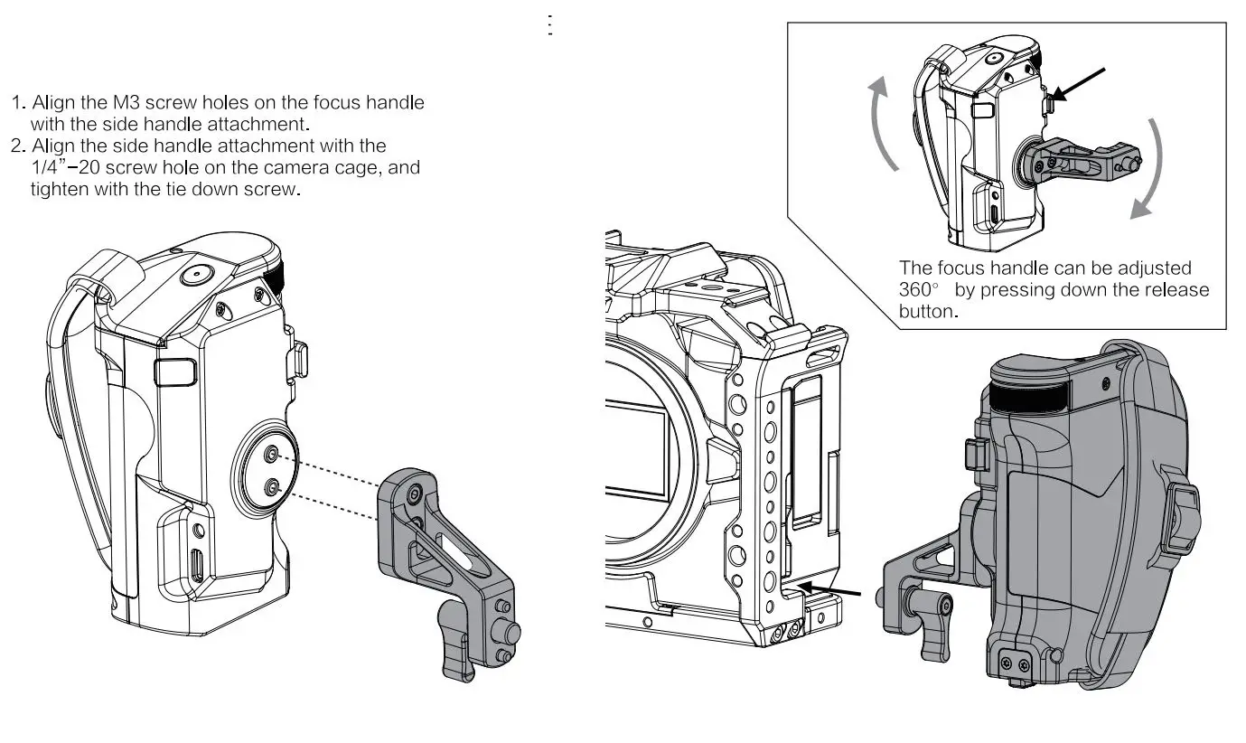 TILTA TA-T22-A-G Camera Cage Kit B for Canon User Manual - Installing Til Taing Focus Handle and Side Handle Attachment