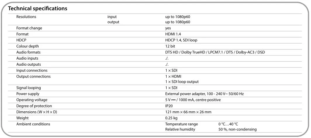swissonic SDI-HDMI 3G Converter Full-HD - Technical specifications