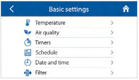 VENTS A25 Sensor Control Panel - BASIC SETTINGS MENU