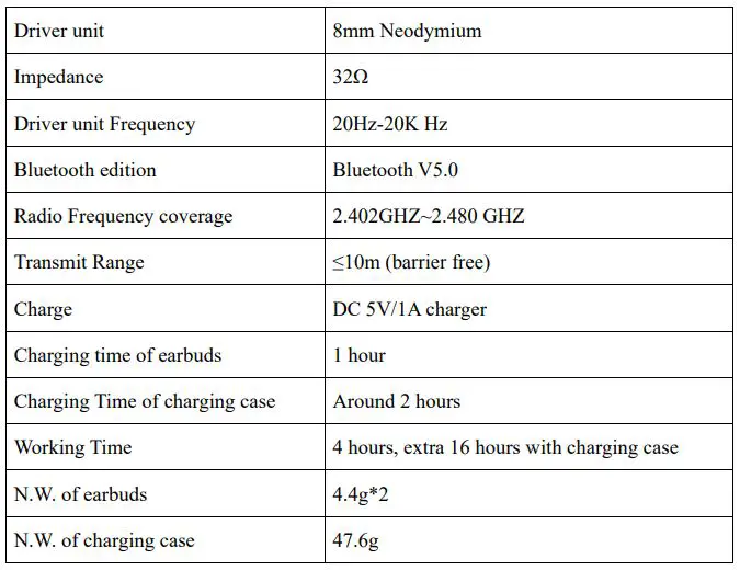KO-STAR KTW-20 True Wireless Stereo Sports Bass Earphones - Specifications