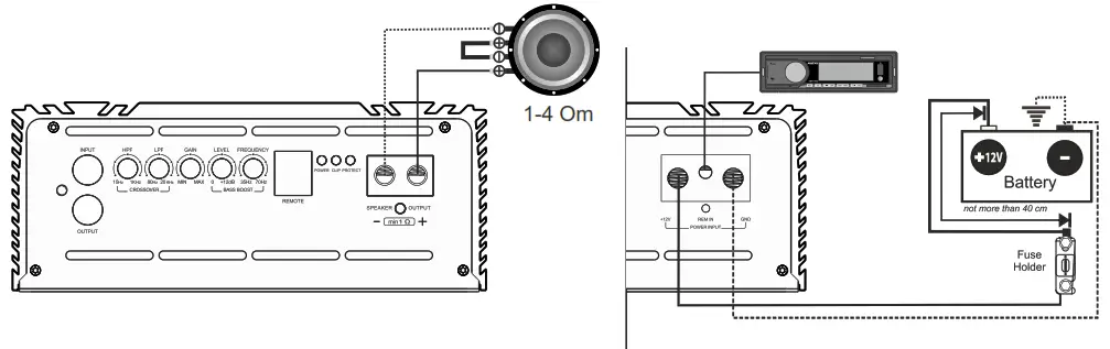 Deaf Bonce AAB-2000.1D ATOM PLUS Apocalypse 2000 Watts Class D Monoblock Atom Series Amplifier - Standard wiring diagram of mono amplifier