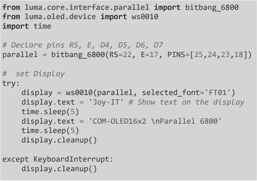 JOY-iT 1656369 OLED LCD Module 16X2 Instruction Manual - Code