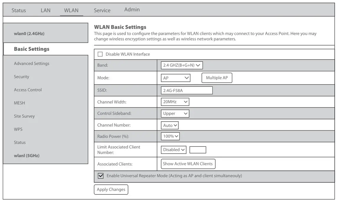 FS TA1910-4GVC-W Integrated Broadband Access Device - Step 4 Click “WLAN” in “Network” to select whether to enable wireless