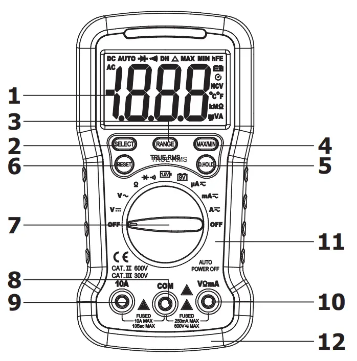 MAJOR TECH MT870 True RMS Digital Multimeter - Panel Layout