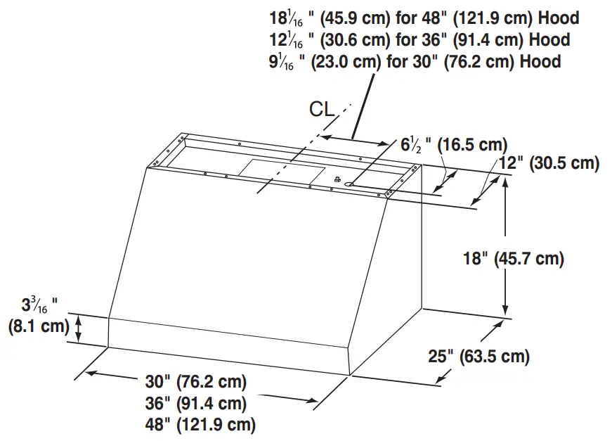 KitchenAid LI3ZAB W11374532B 30 36 and 48 Inch Canopy Range Hood - Product Dimensions